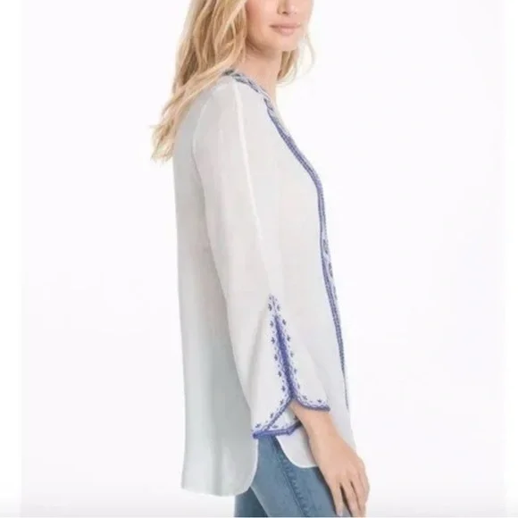 4/$25 WHBM Women Tunic‎ Shirt sz 6 White Blue Embroidery Argyle Fair Isle Casual - Picture 3 of 15